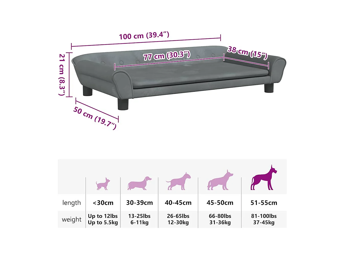 Cama para perros de terciopelo gris oscuro 100x50x21 cm