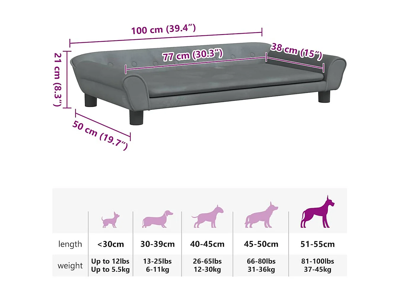 Hondenmand 100x50x21 cm fluweel donkergrijs