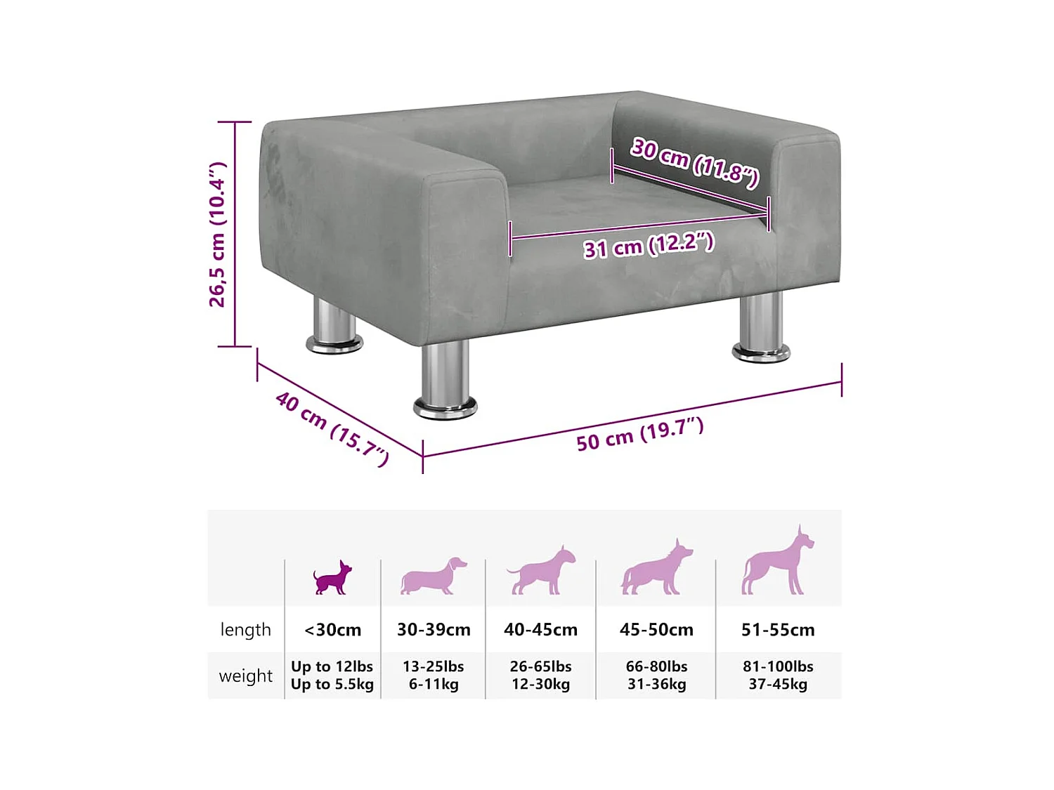 Cama para cães 50x40x26,5 cm veludo cinzento-claro