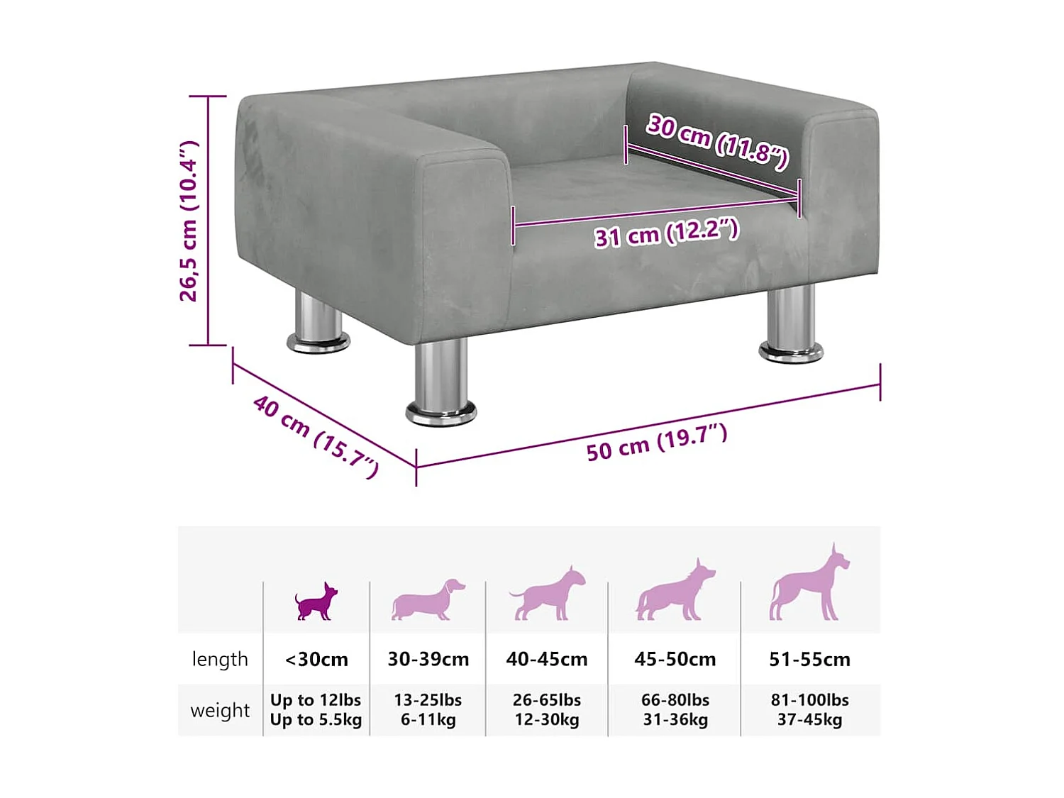 Cama para cães 50x40x26,5 cm veludo cinzento-claro