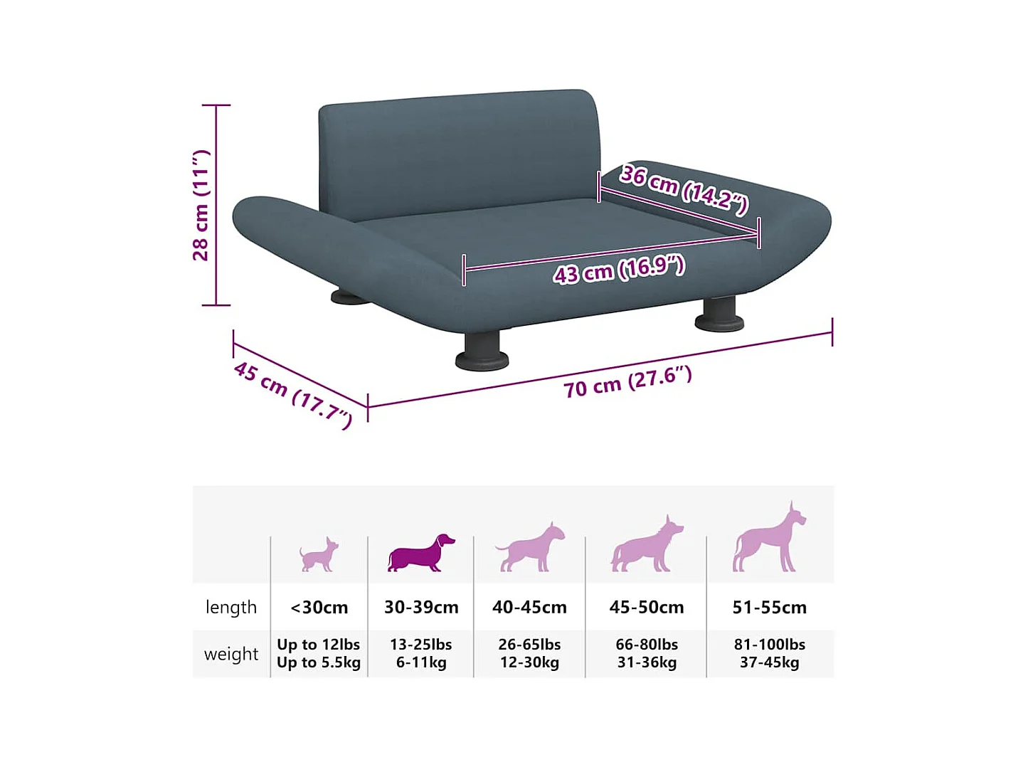 Cama para perros de tela gris oscuro 70x45x28 cm