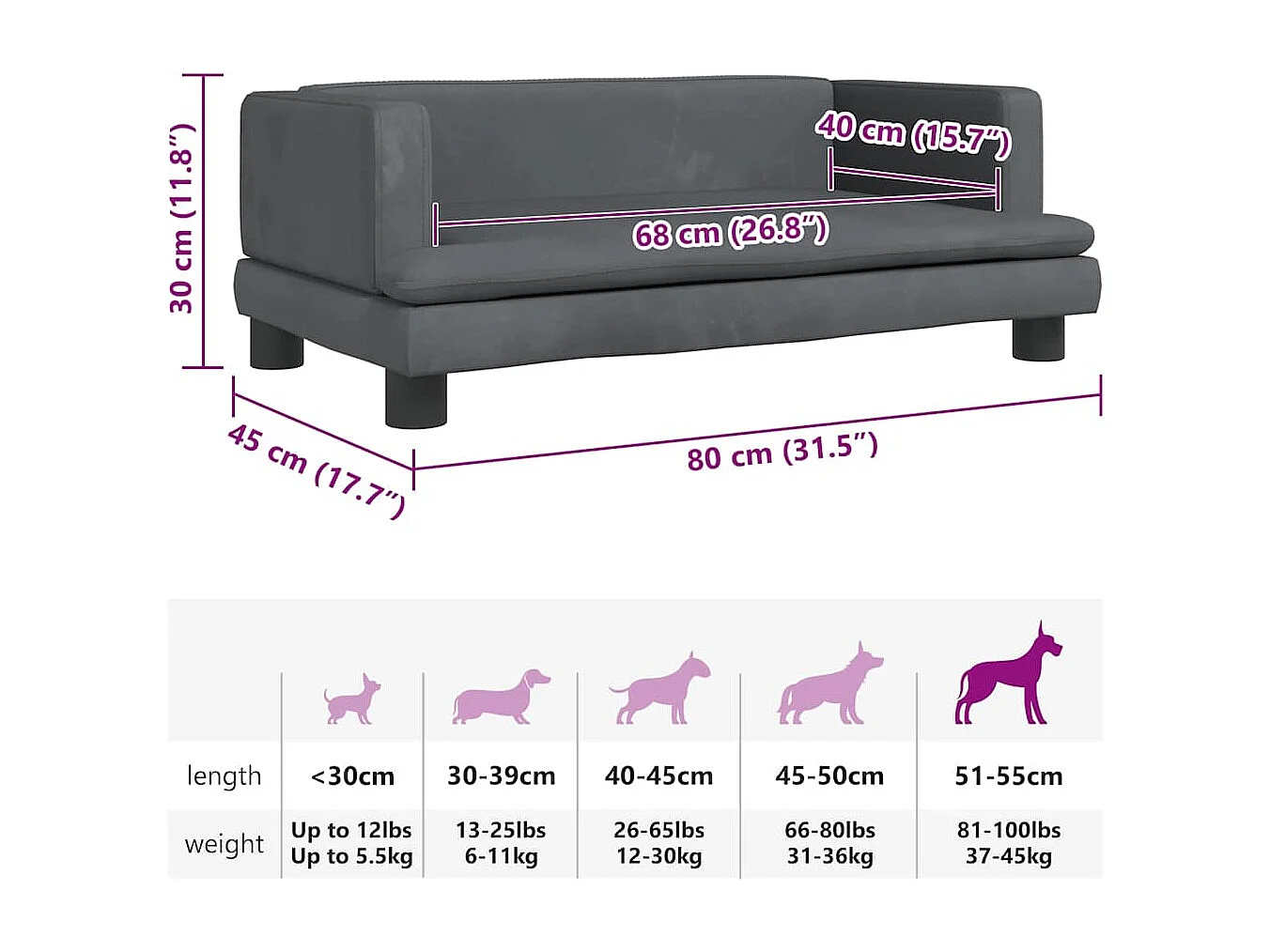 Lit pour chien gris foncé 80x45x30 cm velours