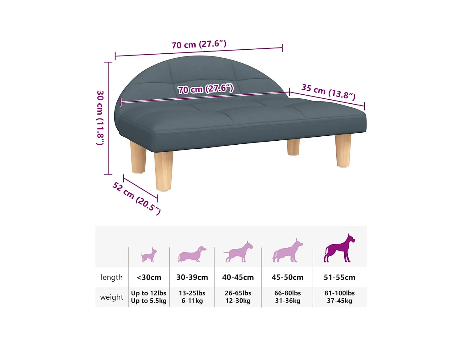 Cama para cães 70x52x30 cm tecido cinzento-escuro