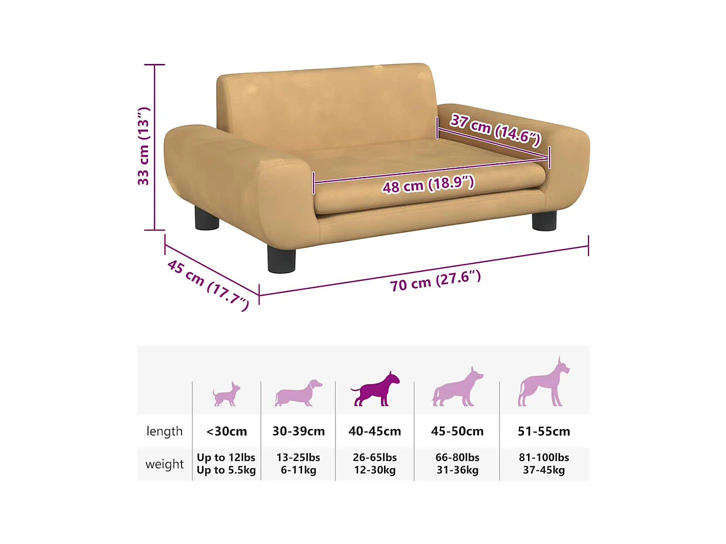 Cama para perros de terciopelo marrón 70x45x33 cm