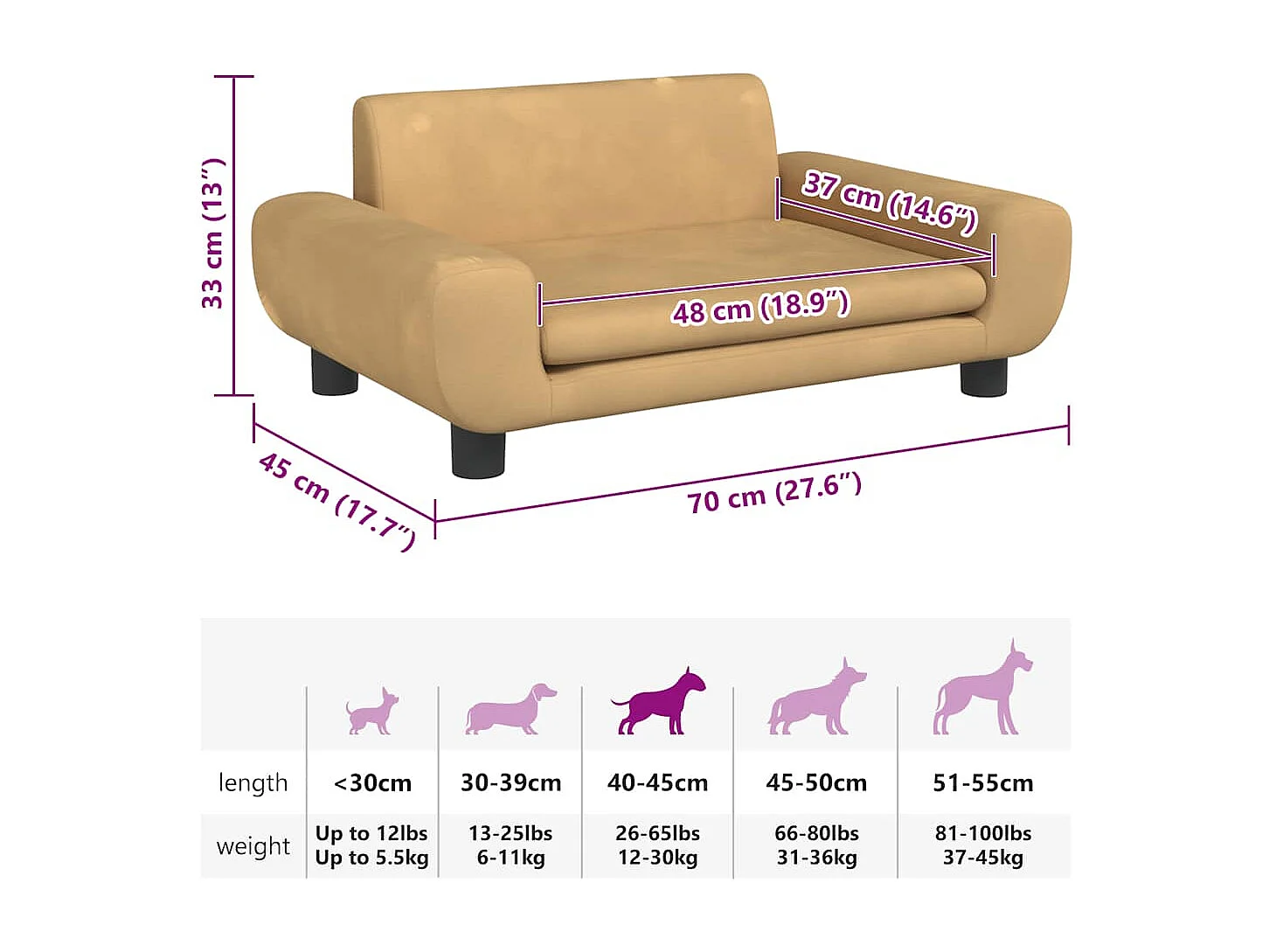 Cama para perros de terciopelo marrón 70x45x33 cm