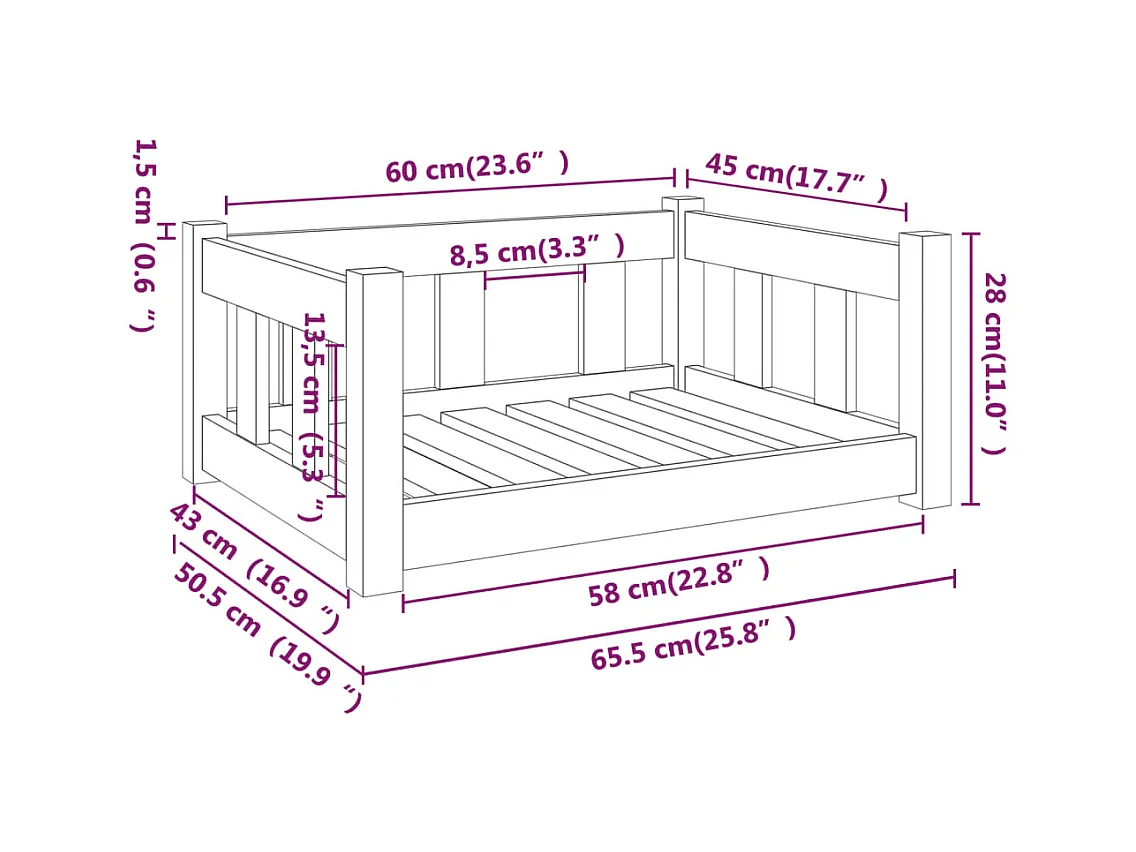 Cama para perros madera maciza de pino 65,5x50,5x28 cm