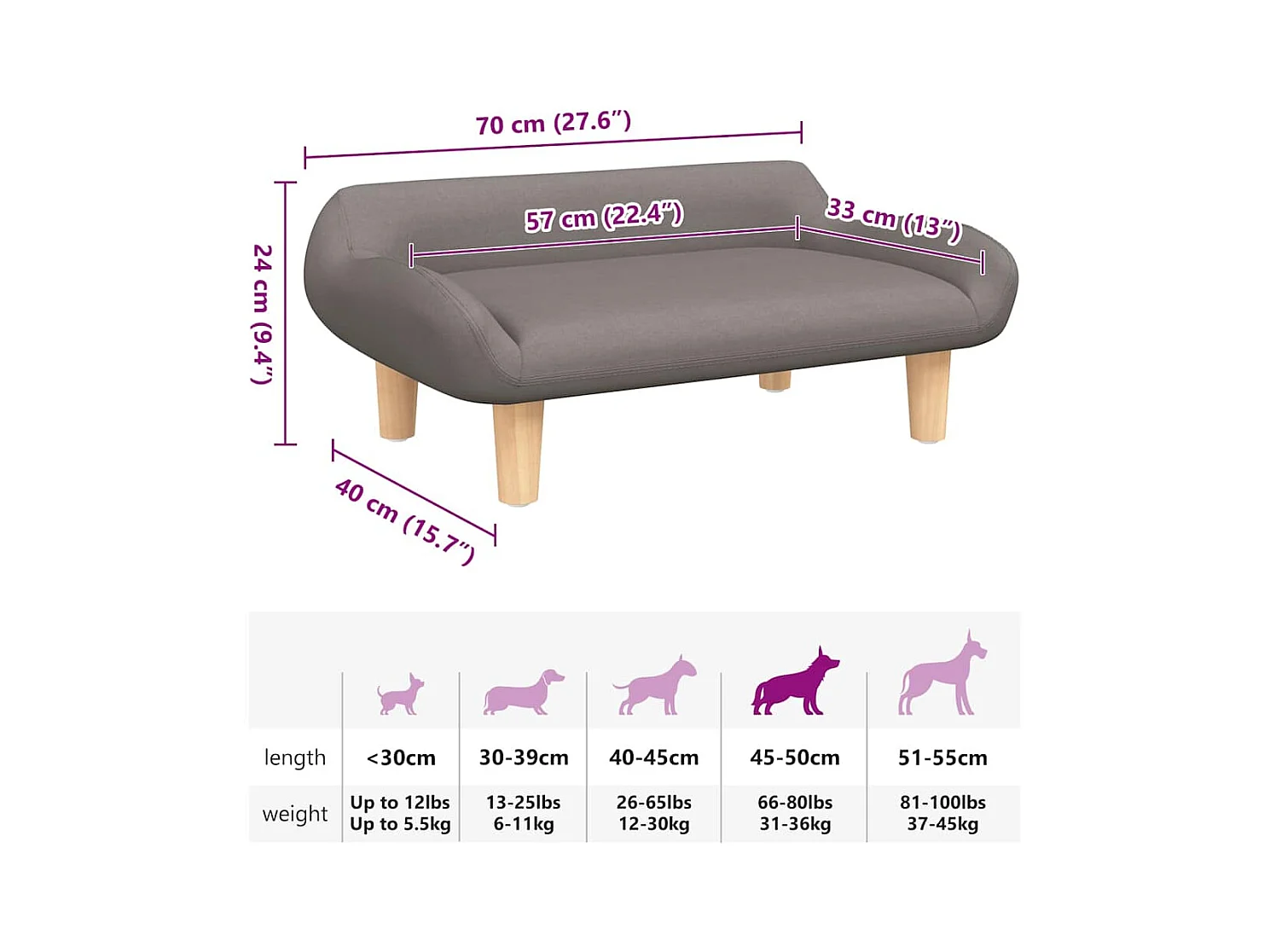 Cama para perros de tela gris taupe 70x40x24 cm