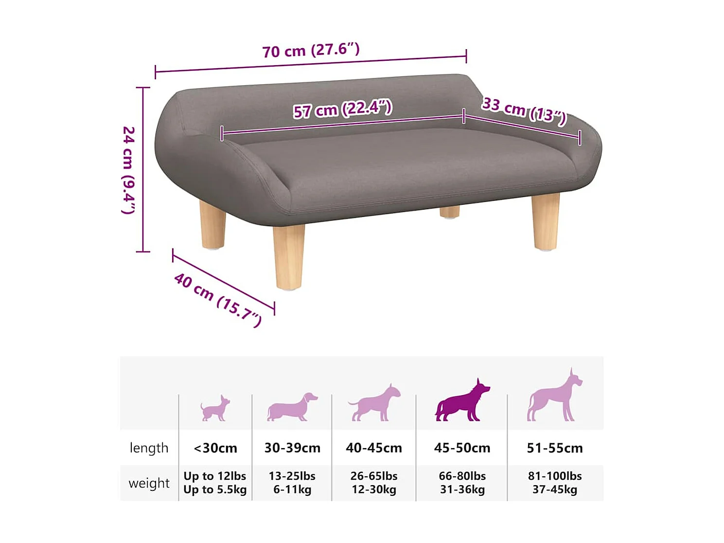 Lit pour chien taupe 70x40x24 cm tissu