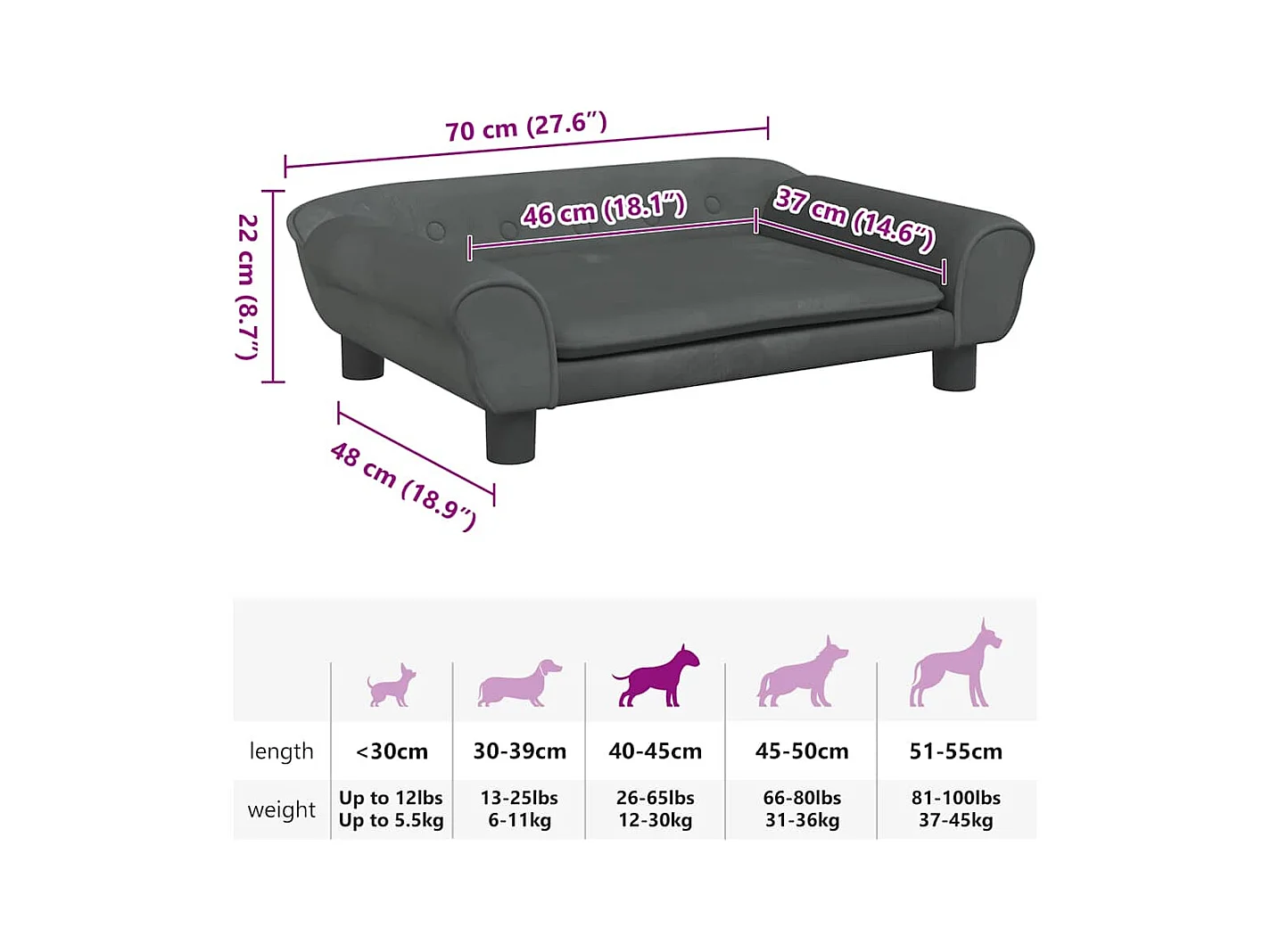 Cama para perros de terciopelo gris oscuro 70x48x22 cm