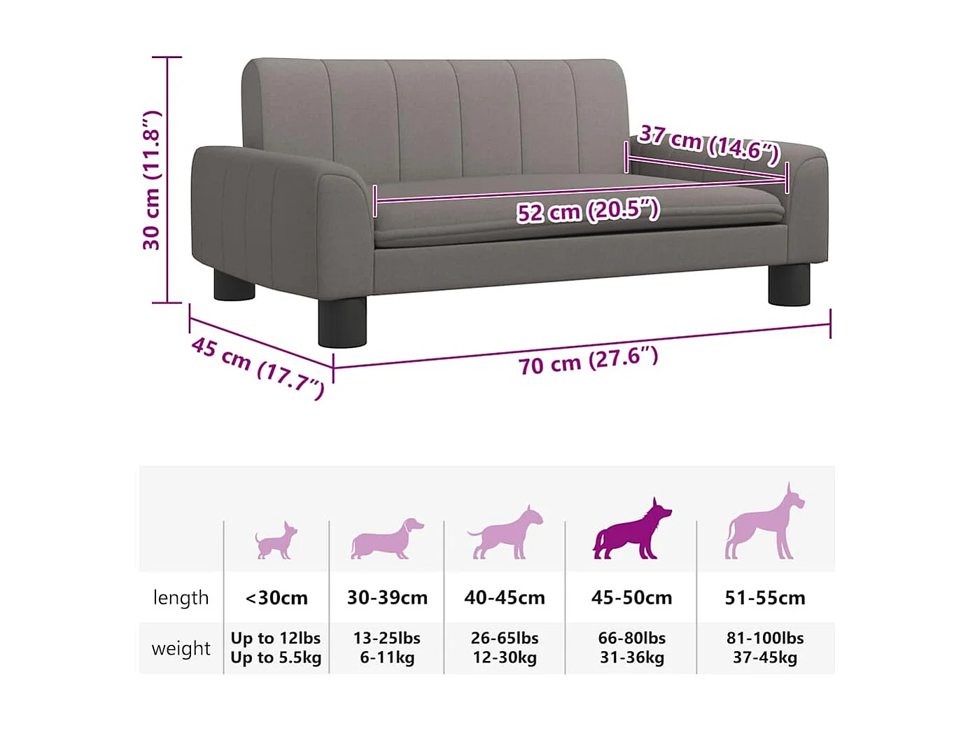 Lit pour chien taupe 70x45x30 cm tissu