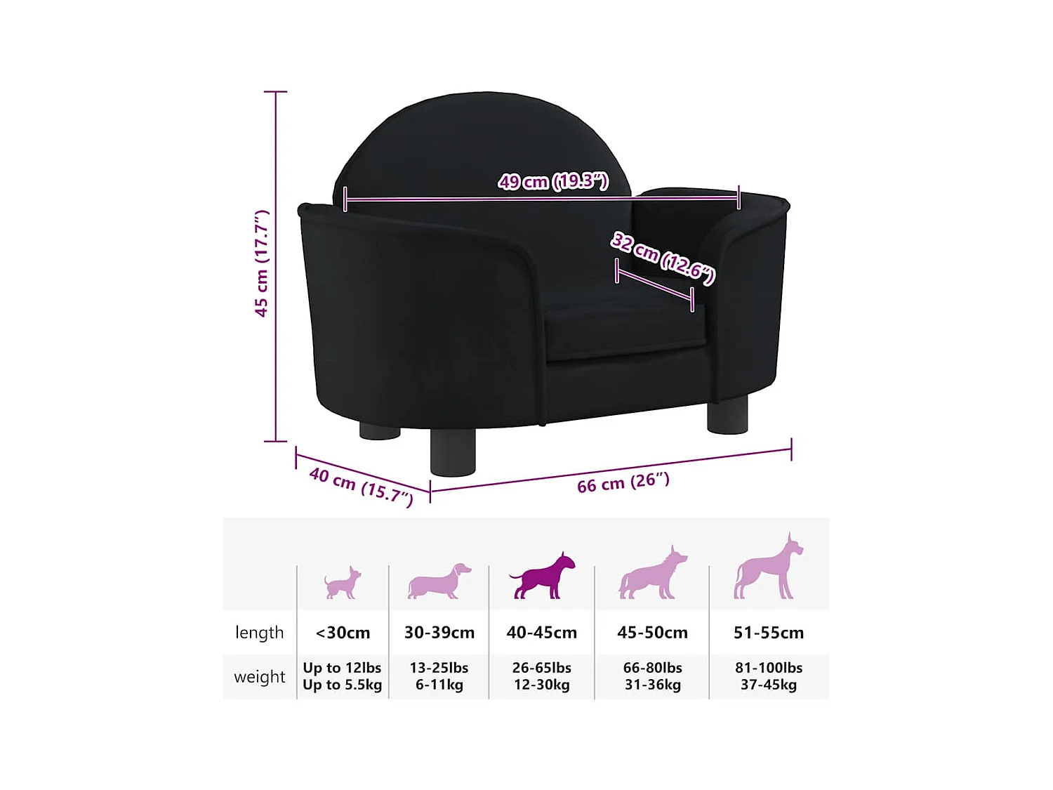 Cama para perros de terciopelo negra 66x40x45 cm