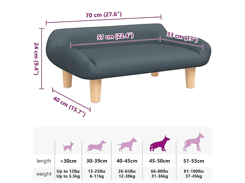 Lit pour chien gris foncé 70x40x24 cm tissu