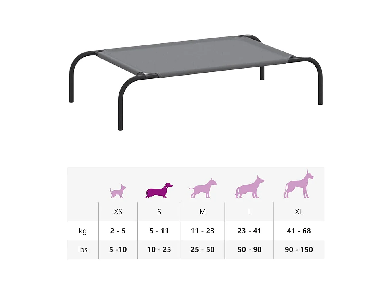 Lit surélevé pour chien gris 90x50x20 cm tissu oxford et acier