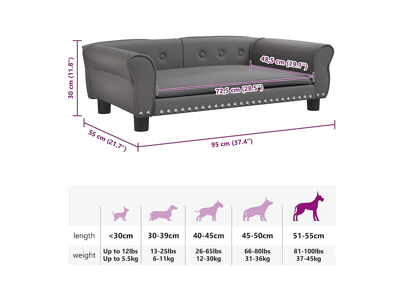 Cama para perros de cuero sintético gris 95x55x30 cm