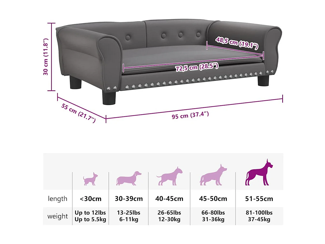 Lit pour chien gris 95x55x30 cm similicuir