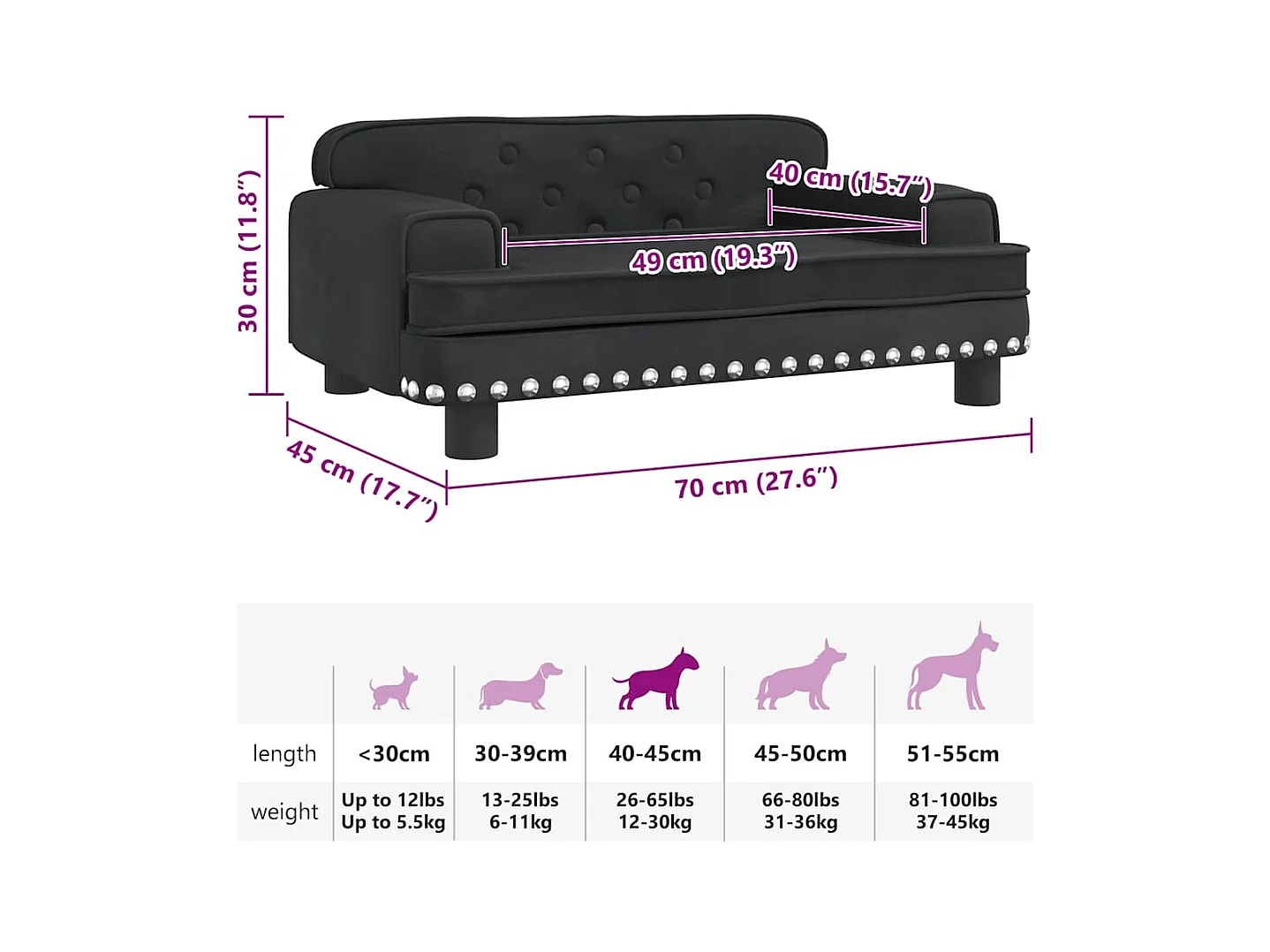 Cama para perros de terciopelo negra 70x45x30 cm