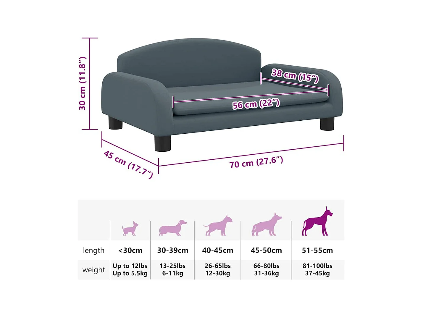 Cama para perros de tela gris oscuro 70x45x30 cm