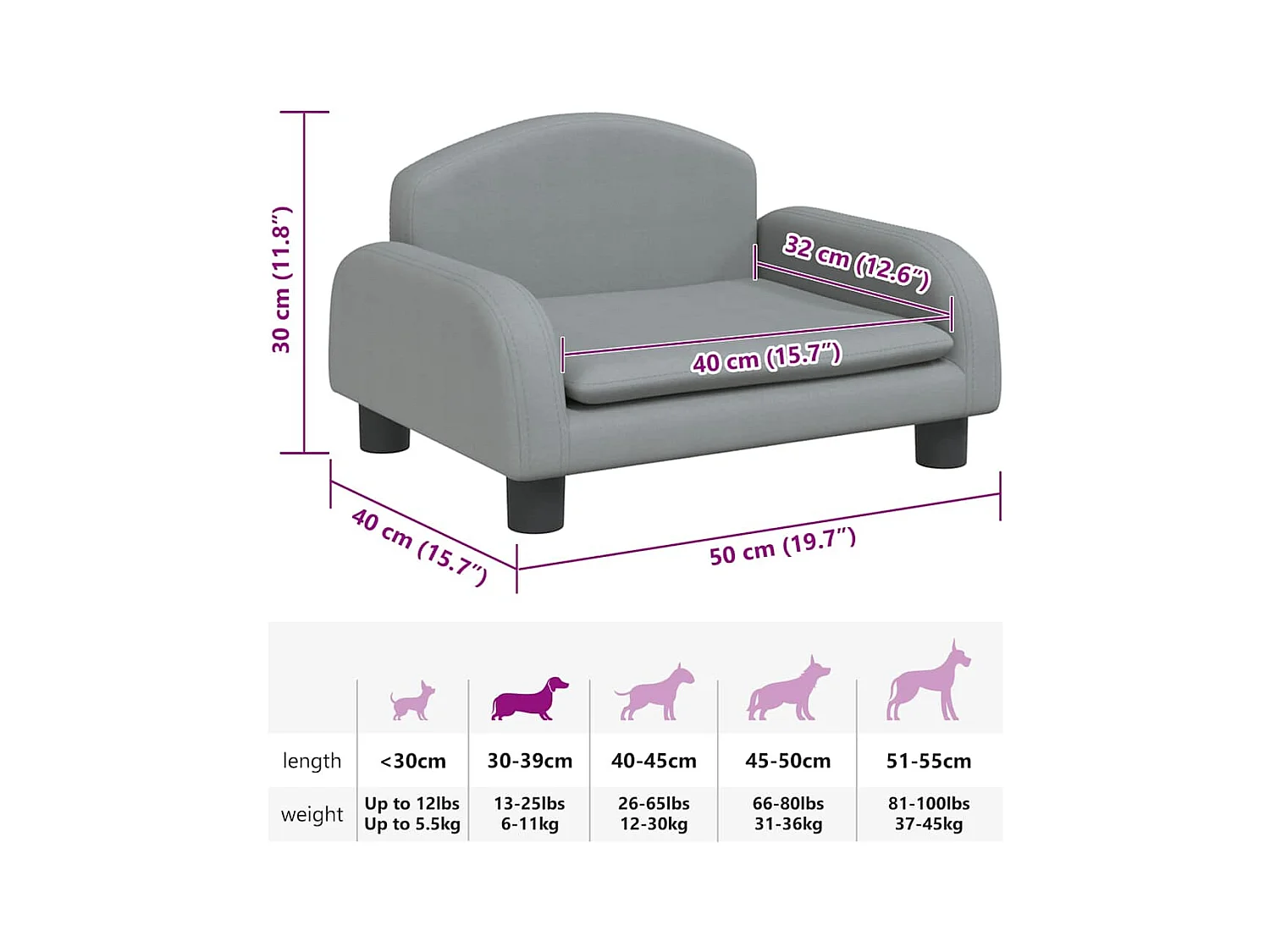 Cama para perros de tela gris claro 50x40x30 cm