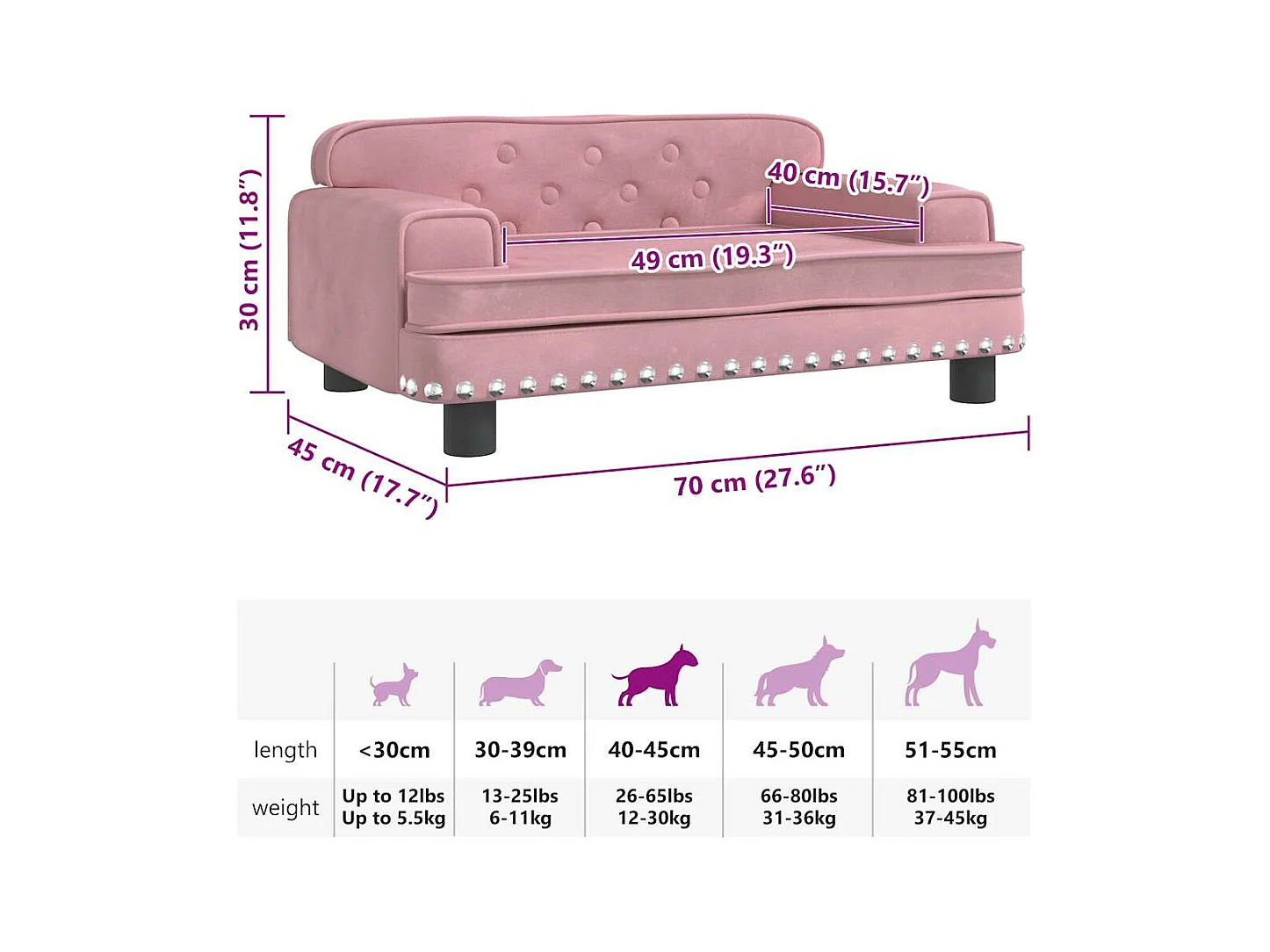 Cama para perros de terciopelo rosa 70x45x30 cm