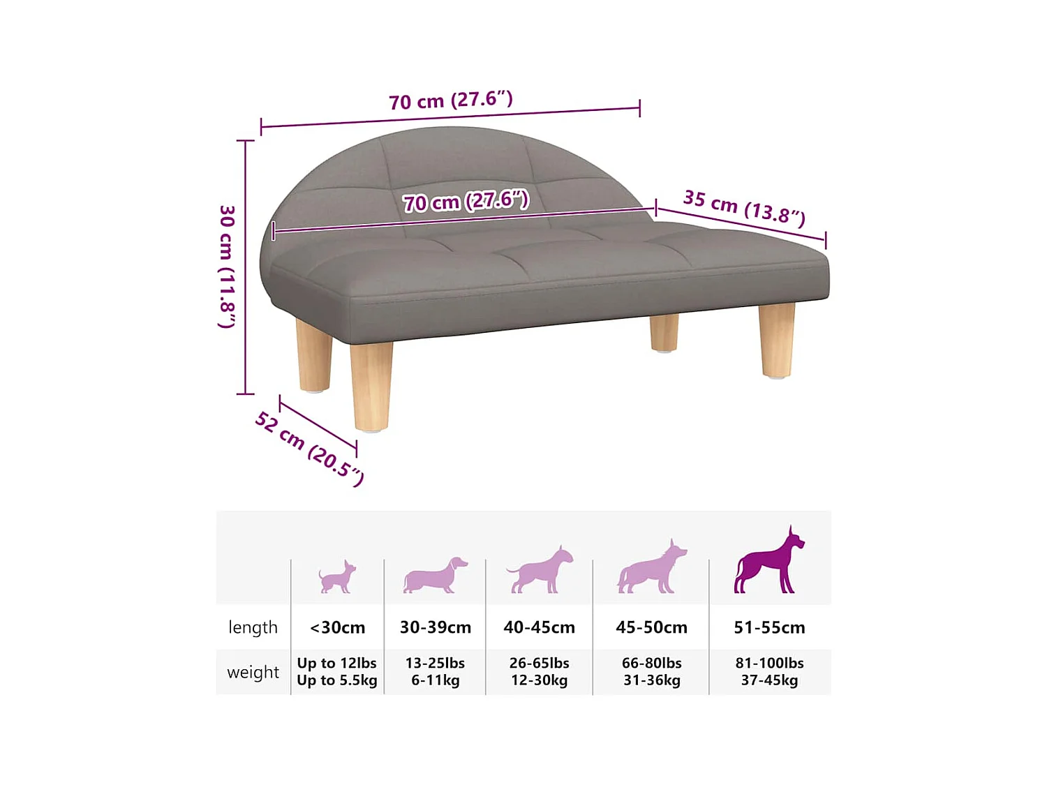 Cama para perros de tela gris taupe 70x52x30 cm