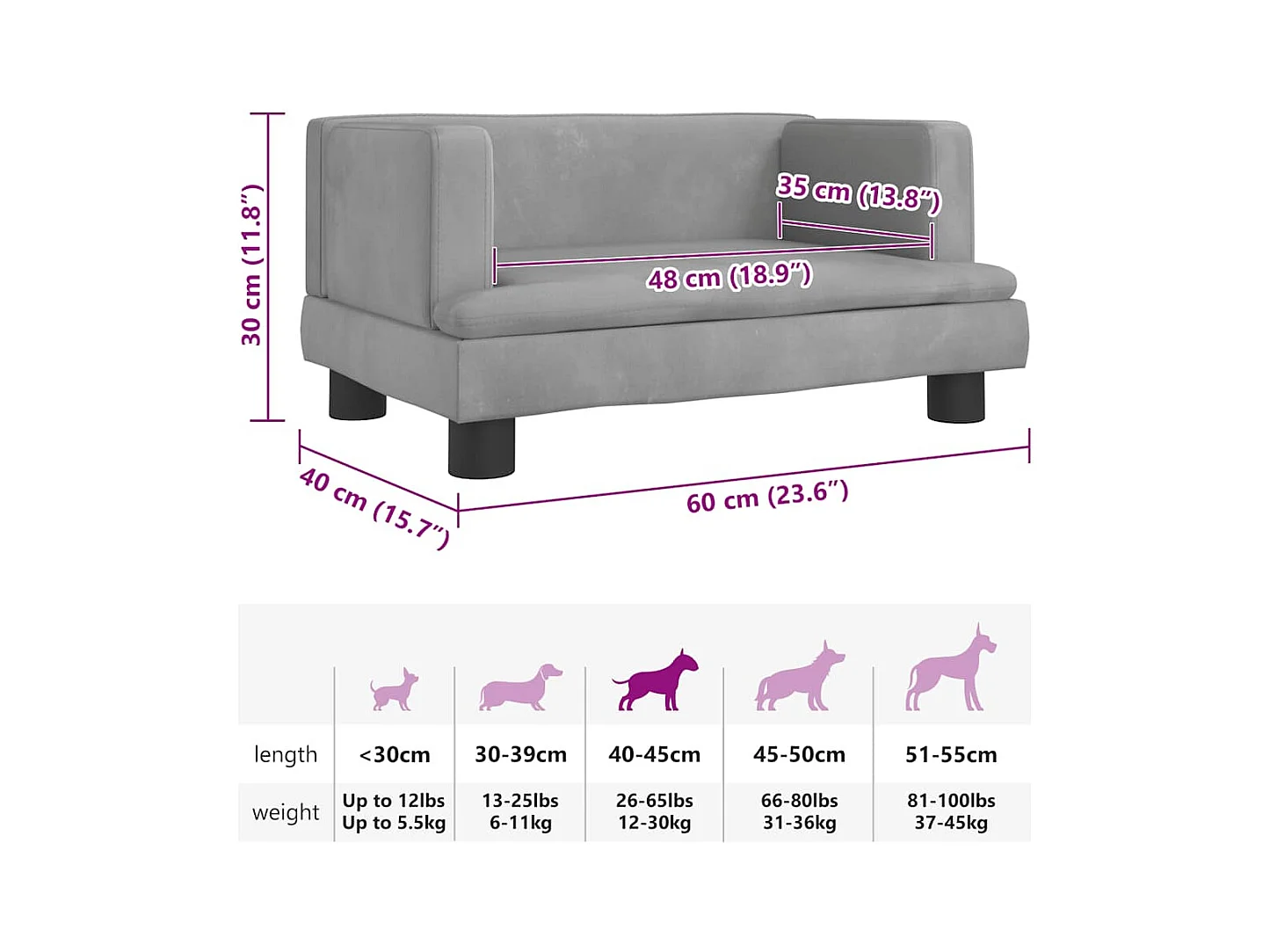 Cama para cães 60x40x30 cm veludo cinzento-claro