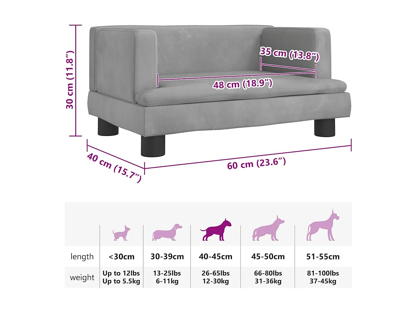 Lit pour chien gris clair 60x40x30 cm velours