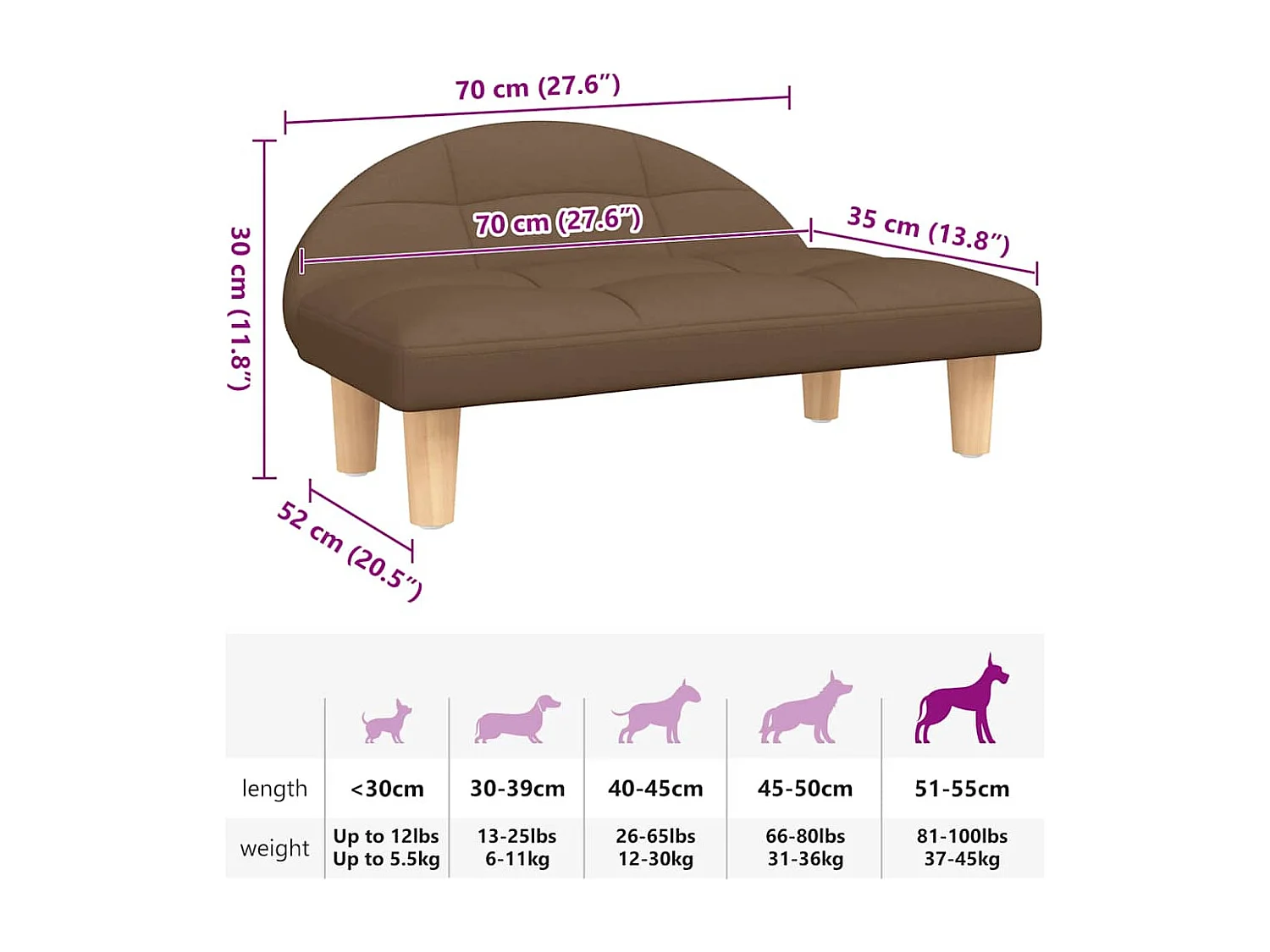 Cama para cães 70x52x30 cm tecido castanho