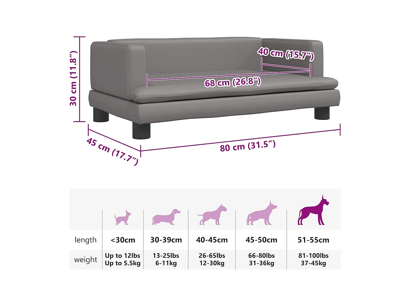 Cama para perros de cuero sintético gris 80x45x30 cm