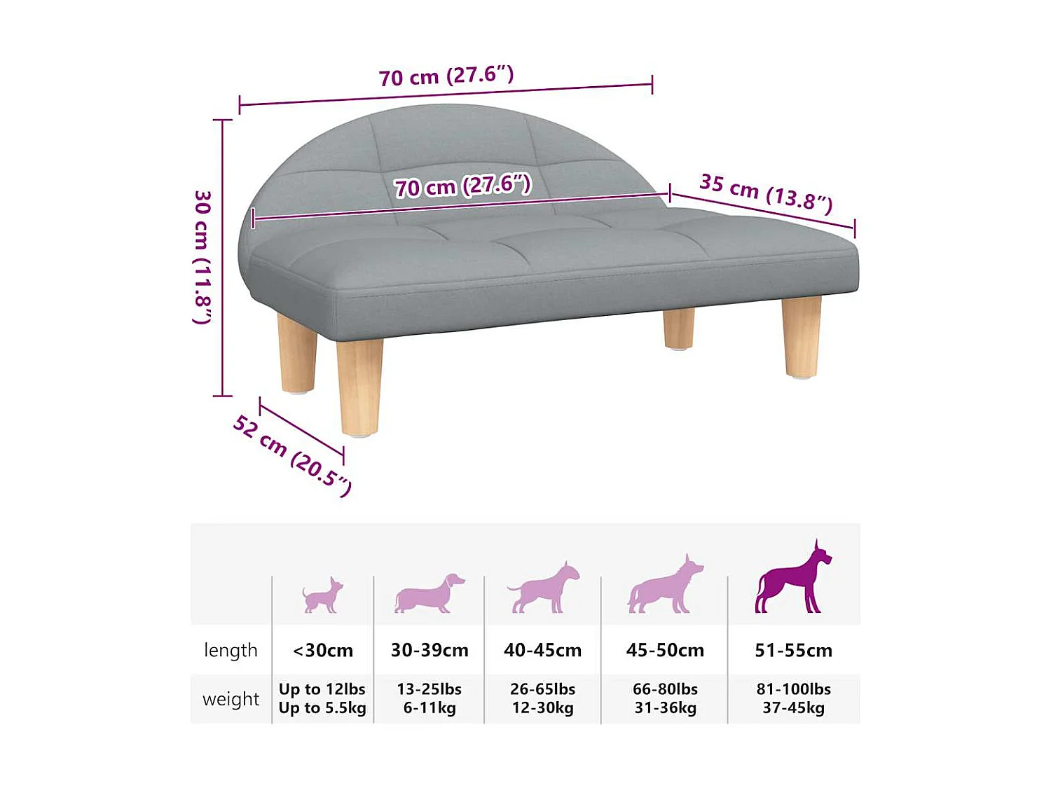 Lit pour chien gris clair 70x52x30 cm tissu