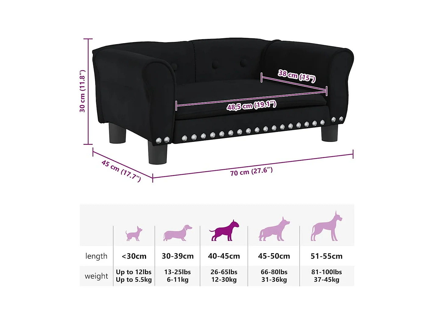 Cama para perros de terciopelo negra 70x45x30 cm