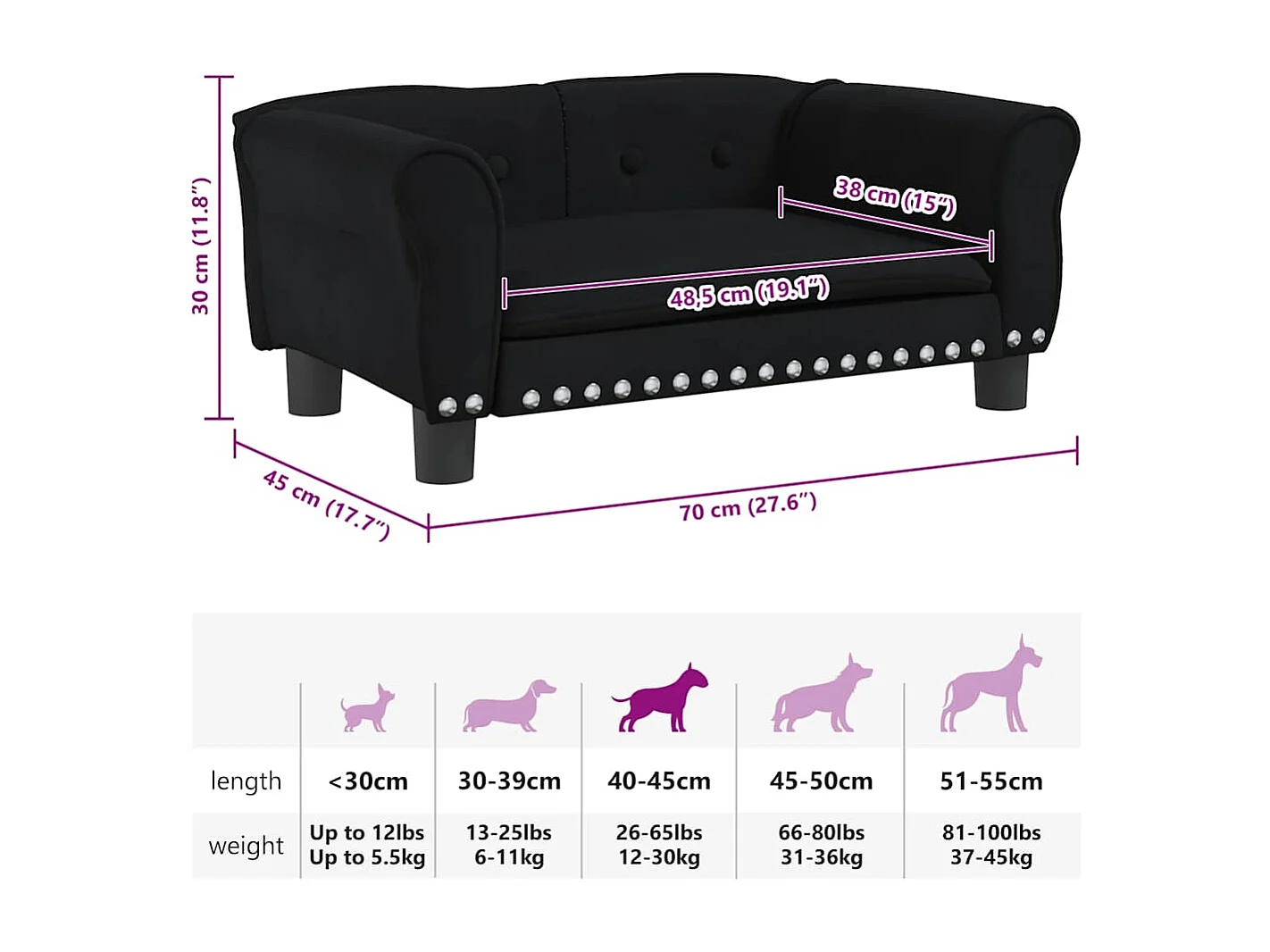 Lit pour chien noir 70x45x30 cm velours