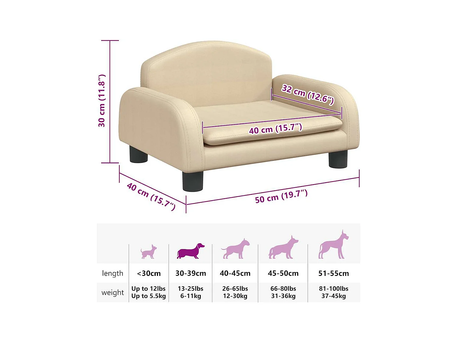 Cama para cães 50x40x30 cm tecido cor creme
