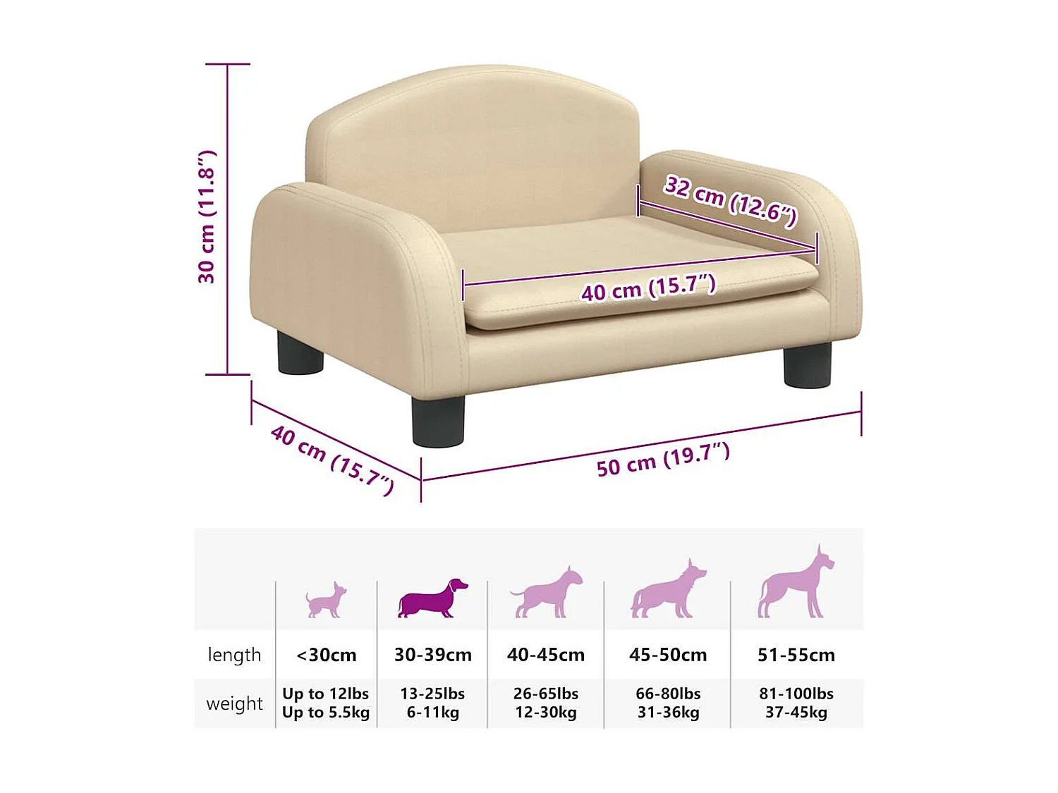 Lit pour chien crème 50x40x30 cm tissu