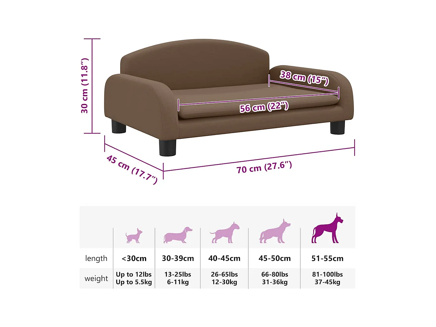Lit pour chien marron 70x45x30 cm tissu