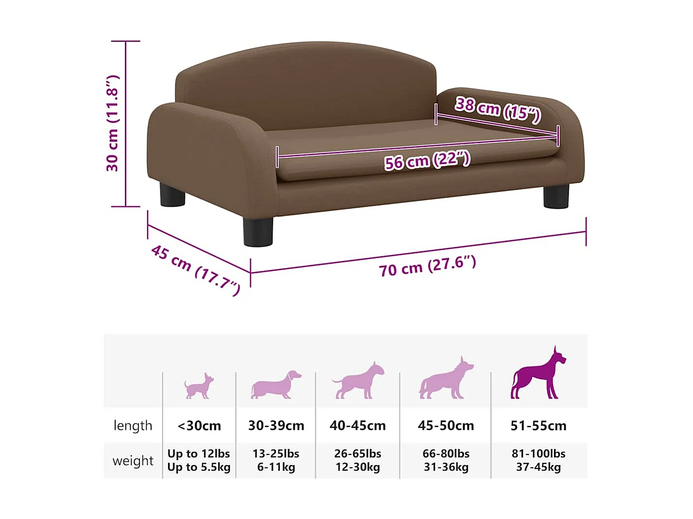 Cama para cães 70x45x30 cm tecido castanho