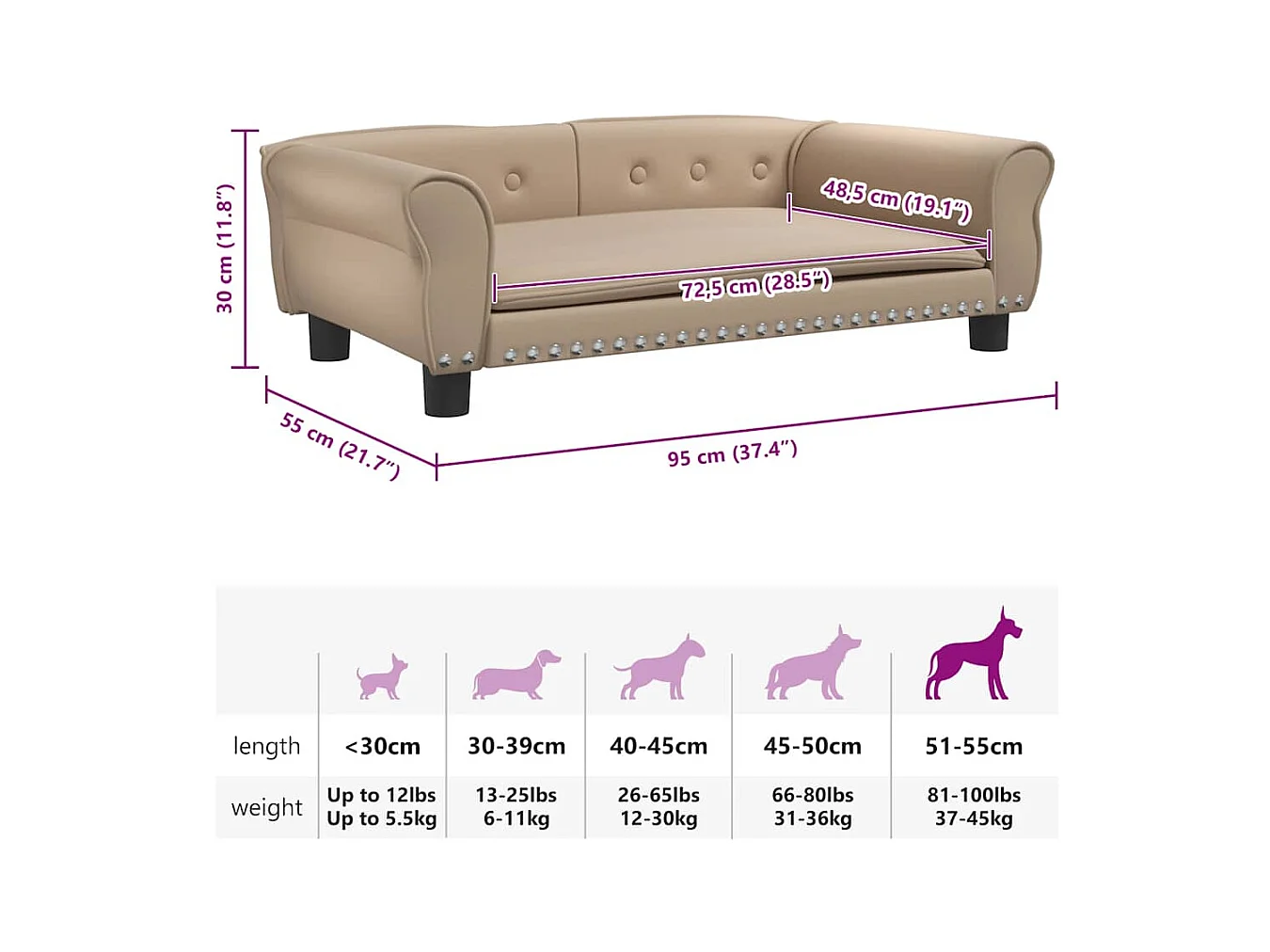 Cama para perros de cuero sintético color capuchino 95x55x30 cm