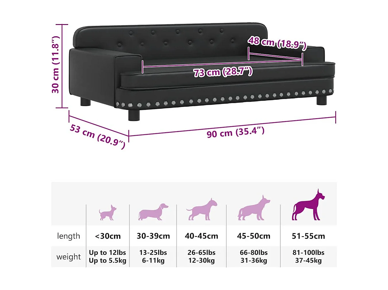 Lit pour chien noir 90x53x30 cm similicuir