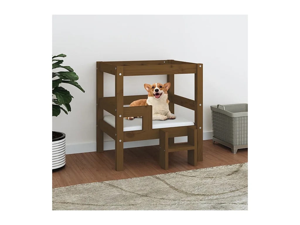 Cama para perros madera maciza pino marrón miel 55,5x53,5x60 cm