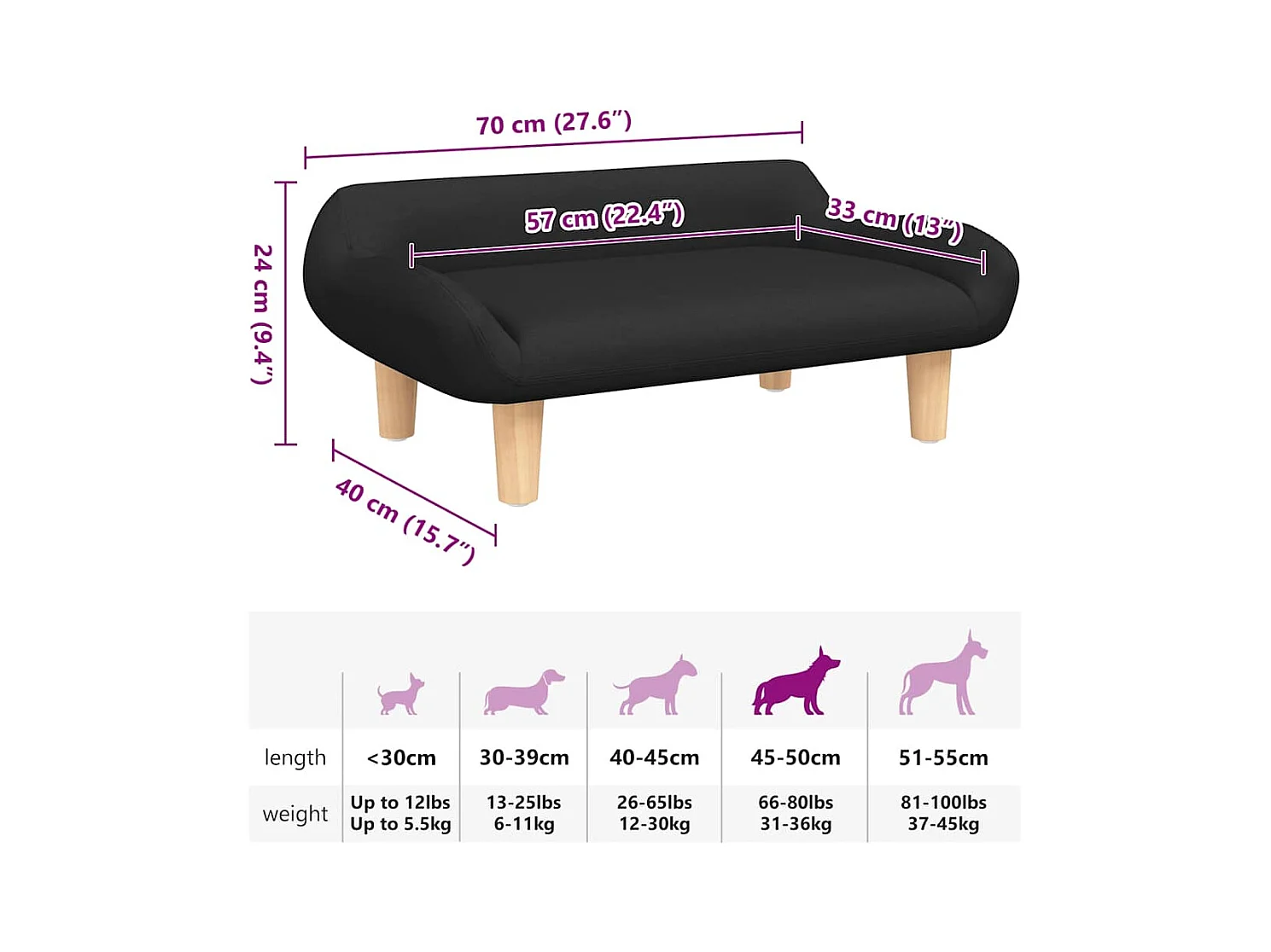 Cama para perros de tela negra 70x40x24 cm