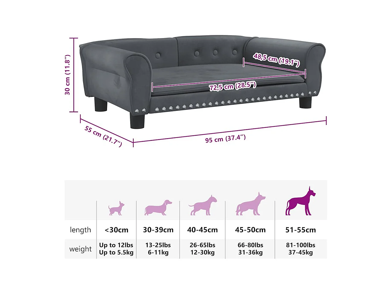 Cama para perros de terciopelo gris oscuro 95x55x30 cm