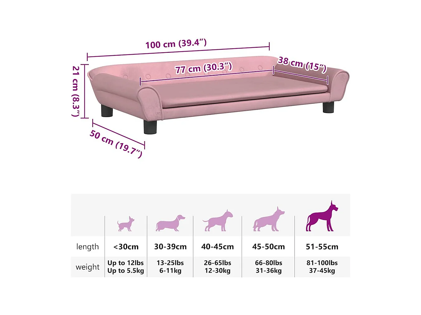 Cama para perros de terciopelo rosa 100x50x21 cm