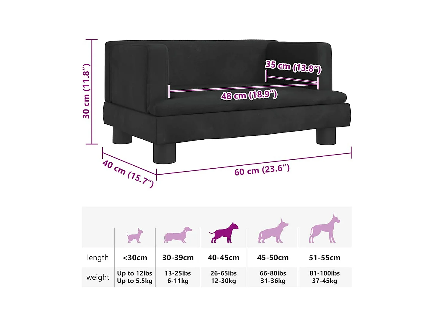 Cama para perros de terciopelo negro 60x40x30 cm