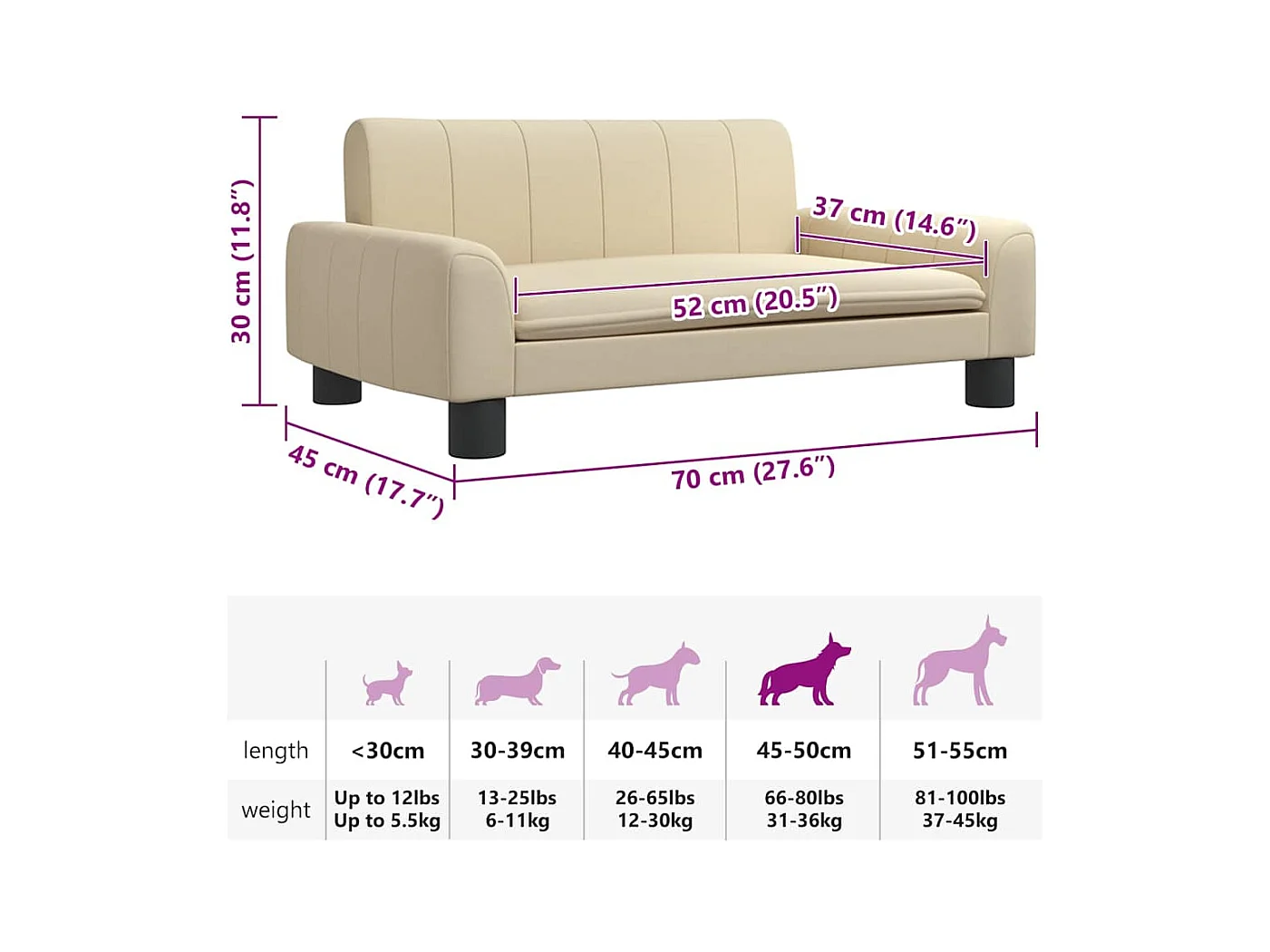 Cama para cães 70x45x30 cm tecido cor creme
