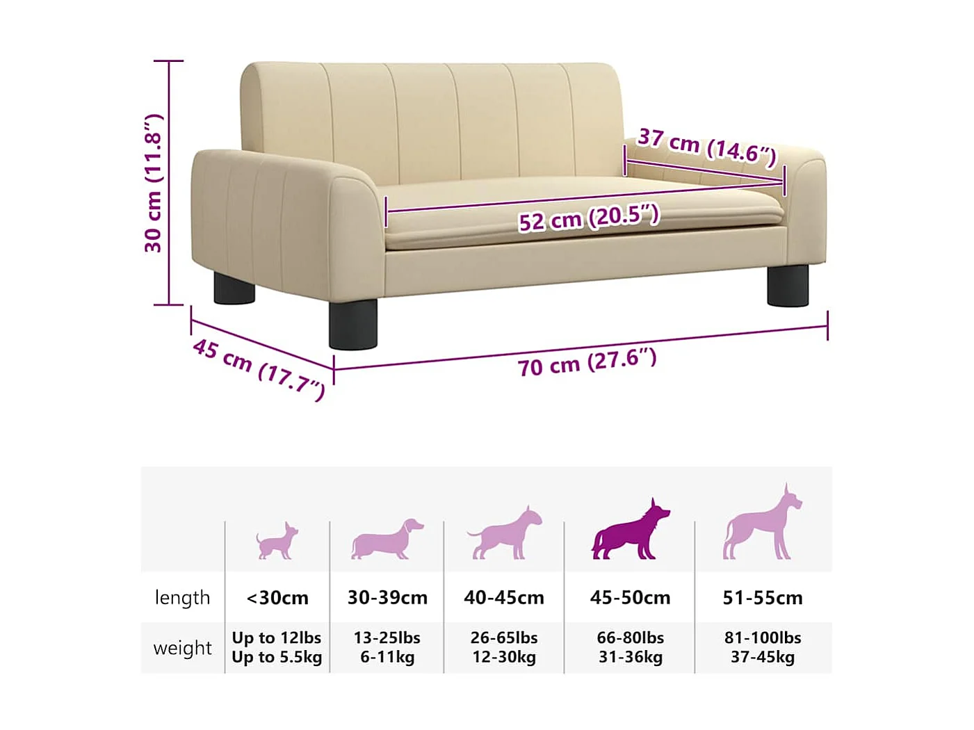 Lit pour chien crème 70x45x30 cm tissu