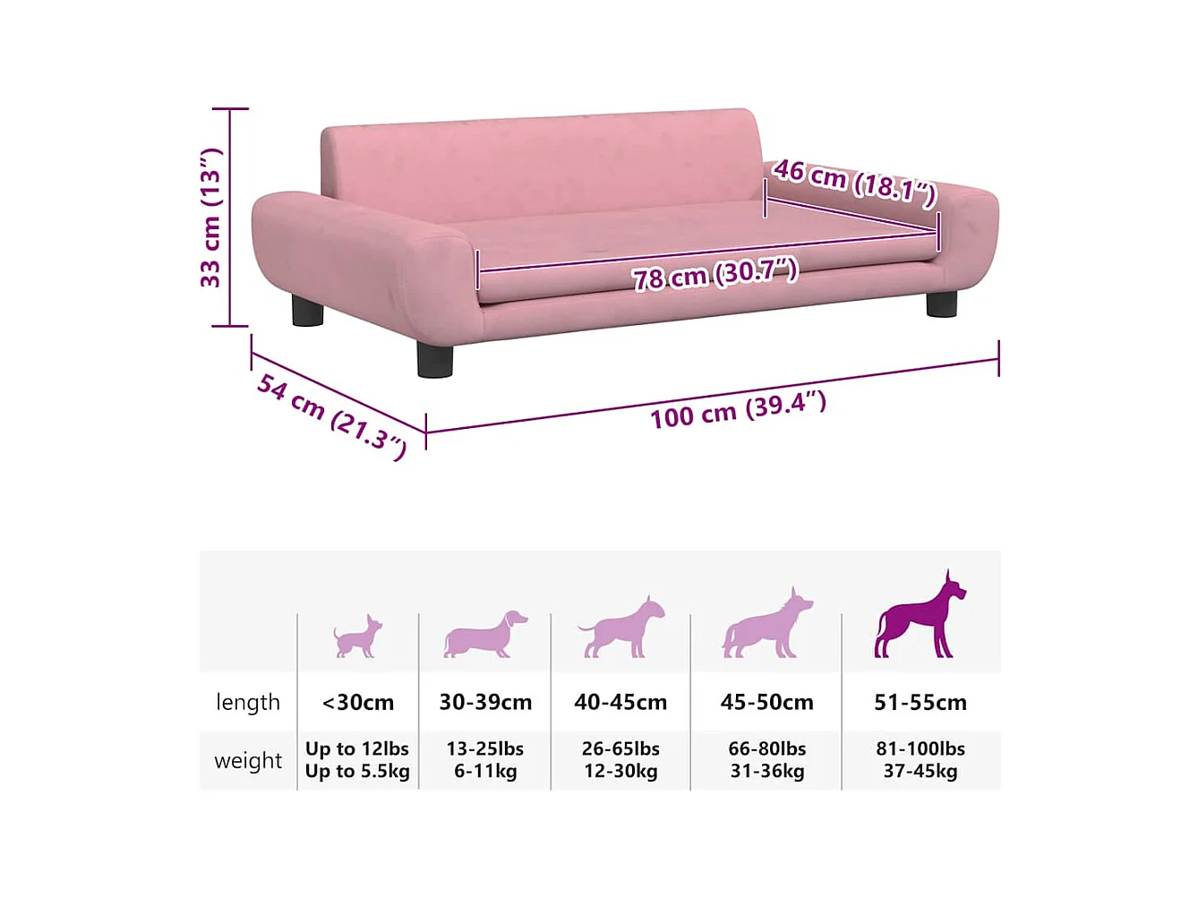 Cama para perros de terciopelo rosa 100x54x33 cm
