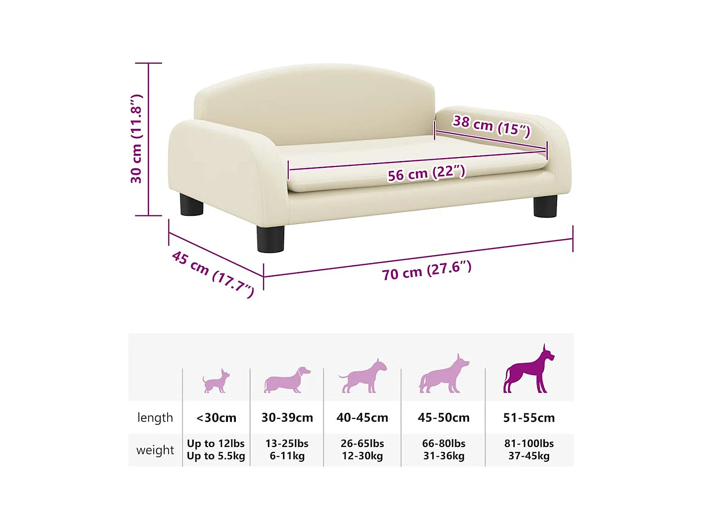 Cama para perros de cuero sintético crema 70x45x30 cm