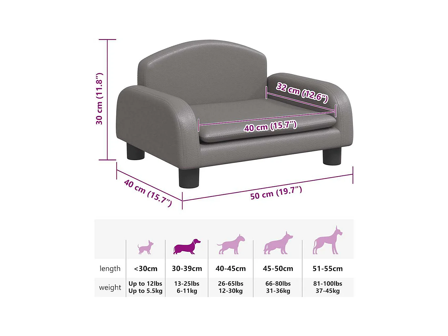 Cama para perros de cuero sintético gris 50x40x30 cm