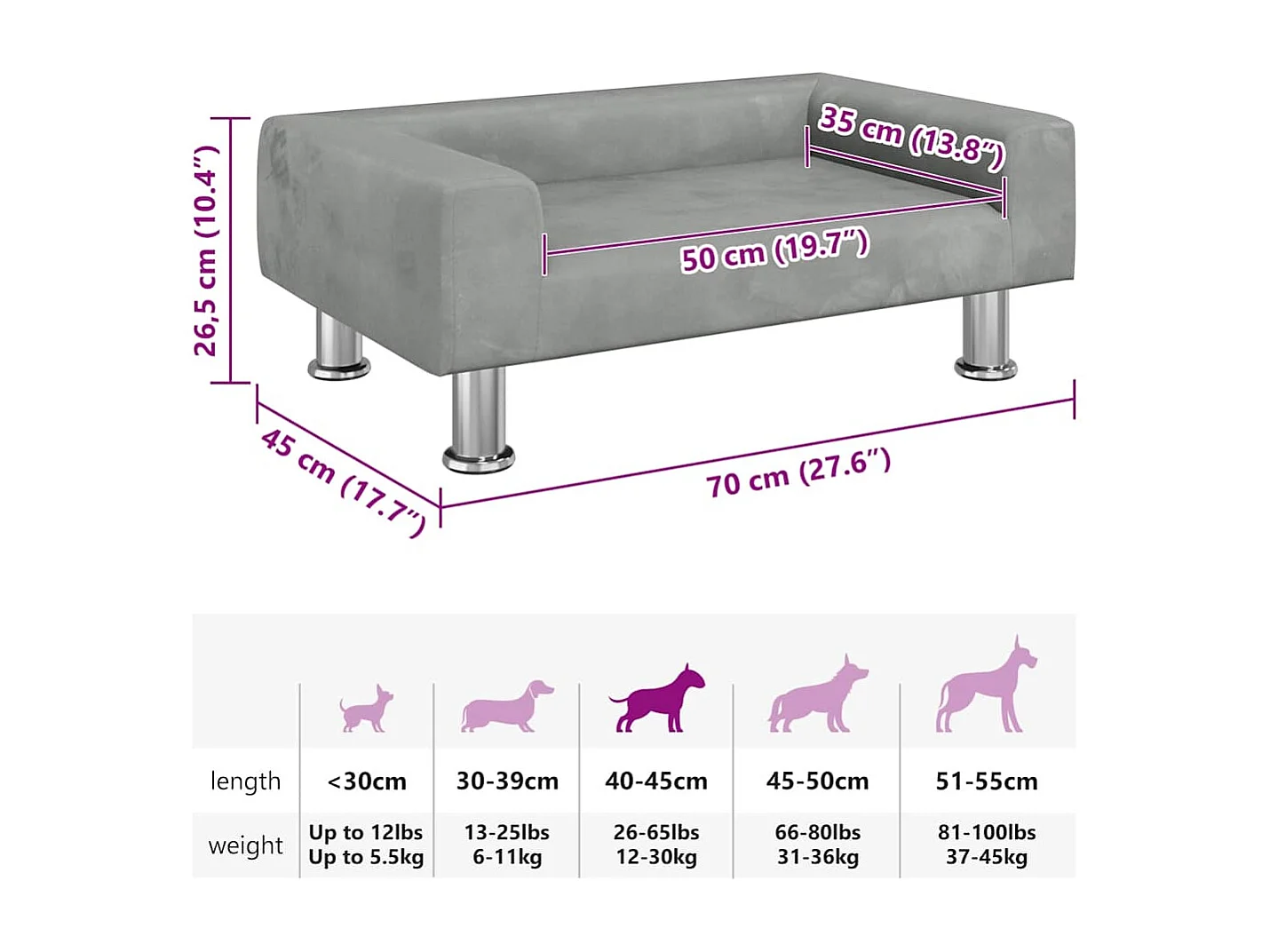 Cama para perros de terciopelo gris claro 70x45x26,5 cm