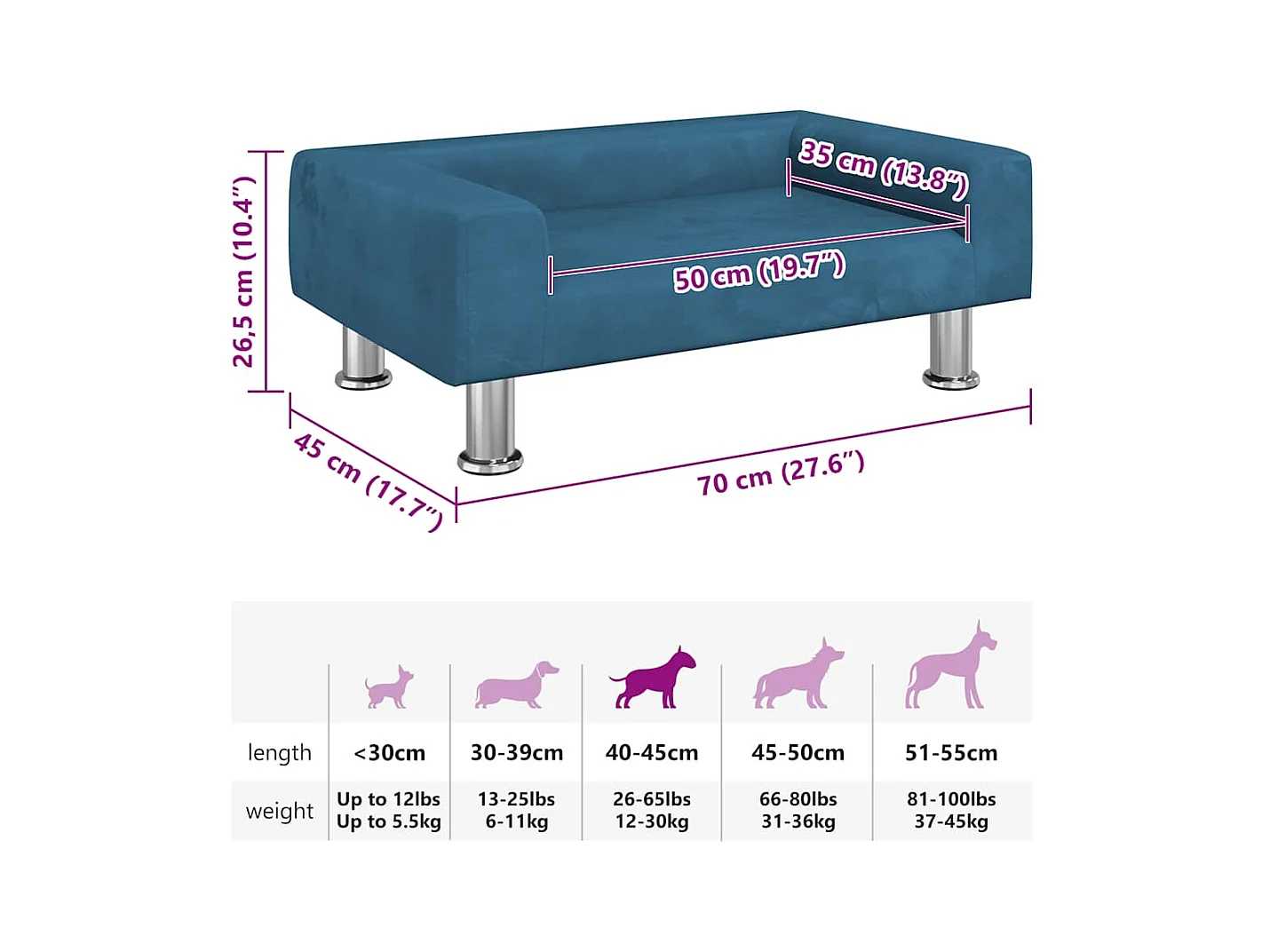 Cama para perros de terciopelo azul 70x45x26,5 cm