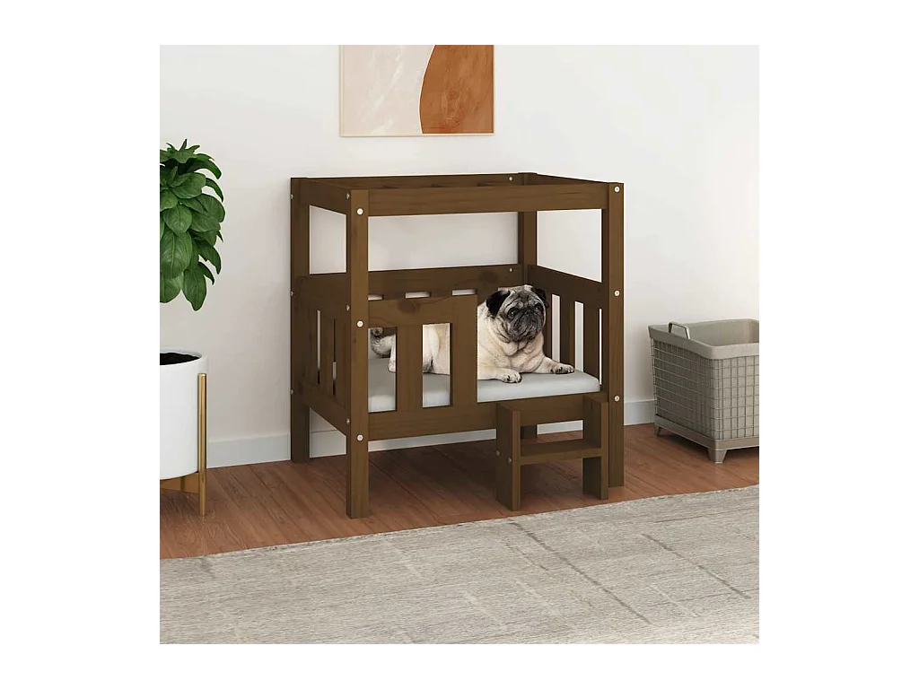 Cama para perros madera maciza pino marrón miel 65,5x50,5x70 cm